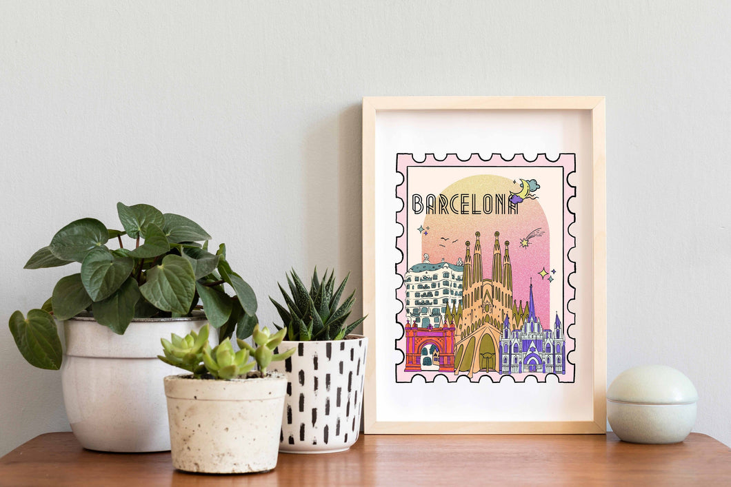 Barcelona Spain Wall Art Print, Barcelona Poster, Spain art Print, Barcelona stamp art print, Spanish Travel Decor, Travelers gift, Affiche